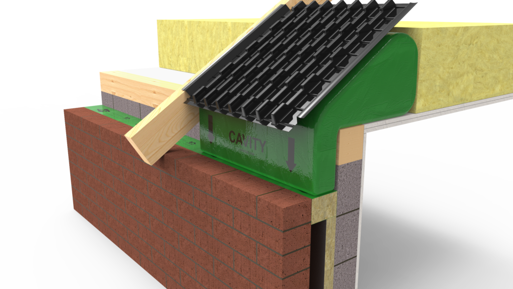 A render of the Eaves Insulator sitting at the eaves junction. It features a black tray with ventilation ridges attached to a green bag of glass fibre insulation. The product is in-situ.